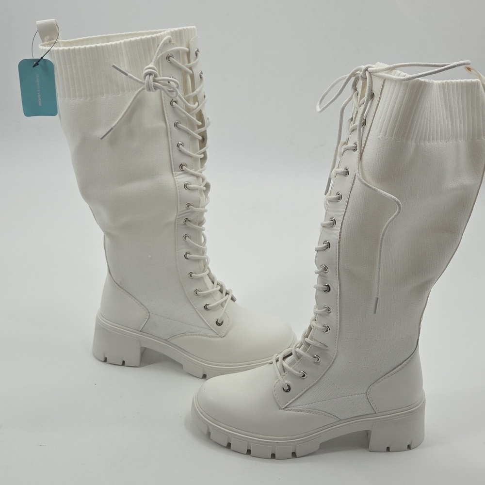 Women's White Knee-High Lace-Up Boots PU and Knit Material New - Picture 11 of 16